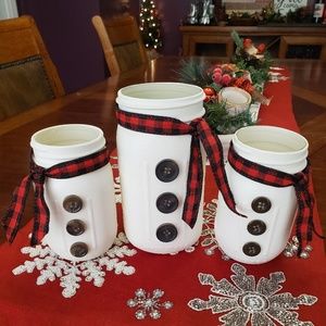 Farmhouse Rustic Snowman Mason Jar Set Holiday